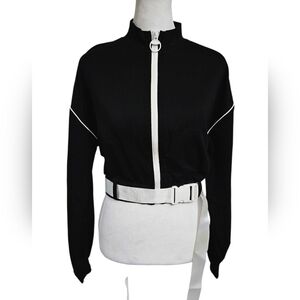 CAPSULLE MockNeck Zip Front Cropped Track Jacket W/Waist Belt. Black/white.M NWT